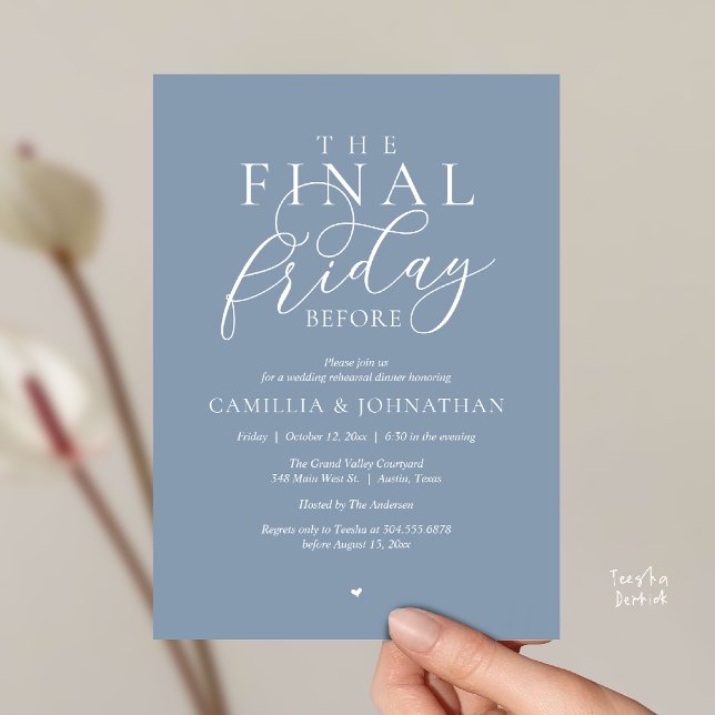 Convites Jantar de Ensaios Românticos “A Última Sexta-Feira (“The Final Friday Before” Romance Rehearsal Dinner Invitation Card in Dusty Blue)