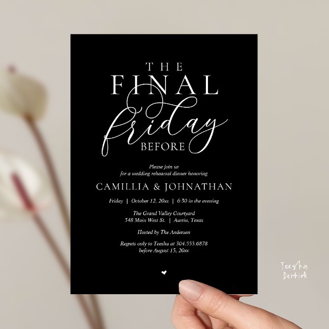 Convites Jantar de Ensaios Românticos “A Última Sexta-Feira (“The Final Friday Before” Romance Rehearsal Dinner Invitation Card in Minimalist Black)