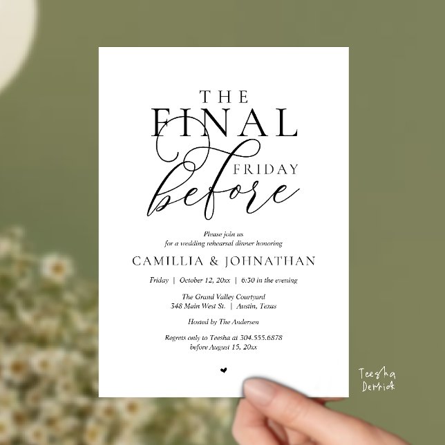 Convites Jantar de Ensaios Românticos “A Última Sexta-Feira (“The Final Friday Before” Romance Rehearsal Dinner Celebration Invitation Card in black and white)