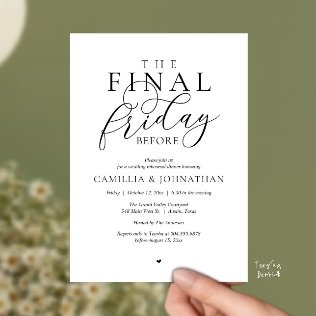 Convites Jantar de Ensaios Românticos “A Última Sexta-Feira (“The Final Friday Before” Romance Rehearsal Dinner Celebration Invitation Card in black and white)