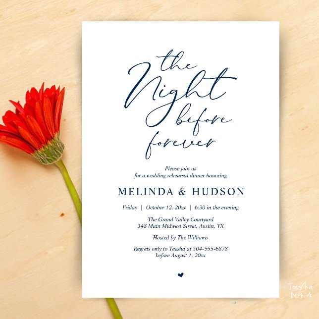 Convites Jantar de Ensaios Românticos da Noite Antes para S (Modern Romantic Wedding Rehearsal Dinner The Night Before Forever Invites Card in Navy Blue)
