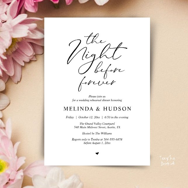 Convites Jantar de Ensaios Românticos da Noite Antes para S (Modern Romantic Wedding Rehearsal Dinner The Night Before Forever Invites Card in Black and White)