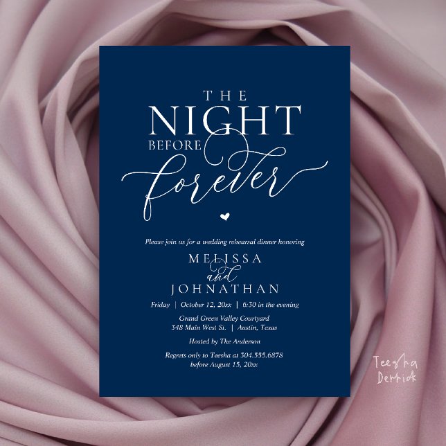 Convites Jantar de Ensaios Românticos da Noite Antes para S (The Night Before Forever Romantic Rehearsal Dinner Invitation Card Navy Blue)