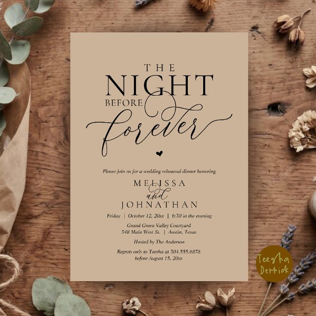 Convites Jantar de Ensaios Românticos da Noite Antes para S (The Night Before Forever Romantic Rehearsal Dinner Invitation Card Brown Tan)