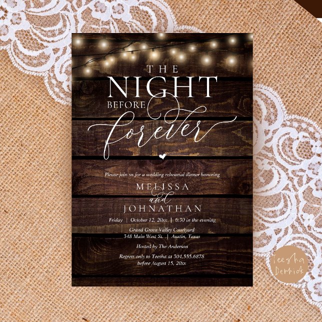 Convites Jantar de Ensaios Românticos da Noite Antes para S (The Night Before Forever Romantic Rehearsal Dinner Invitation Card Brown Wood String Lights)