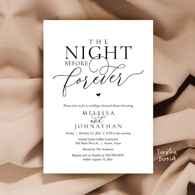 Convites Jantar de Ensaios Românticos da Noite Antes para S (The Night Before Forever Romantic Rehearsal Dinner Invitation Card Black and White)