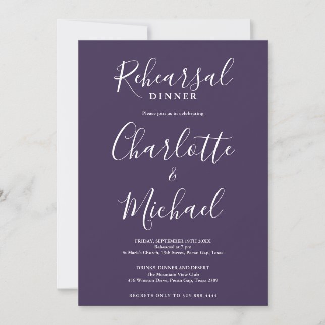 Convites Jantar de Ensaios Roxo com Rótulo Personalizado (Frente)