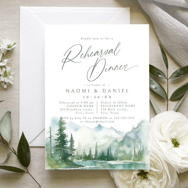Convites Jantar de Ensaios Rústico da Floresta da Montanha  (Sage Mountain Forest Rustic Rehearsal Dinner Invitation)