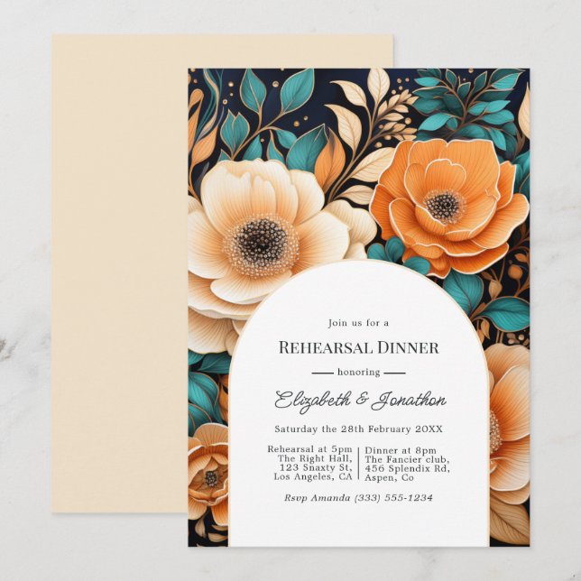 Convites Jantar de Ensaios Teal Burnt Orange & Champagne (Frente/Verso)