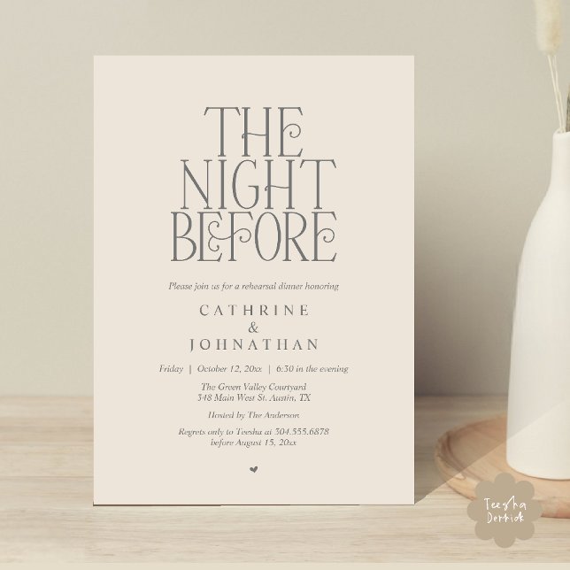 Convites Jantar de Ensaios "The Night Before" Cinza Creme (Minimalist "The Night Before" Rehearsal Dinner Invitation Card in Cream Grey)
