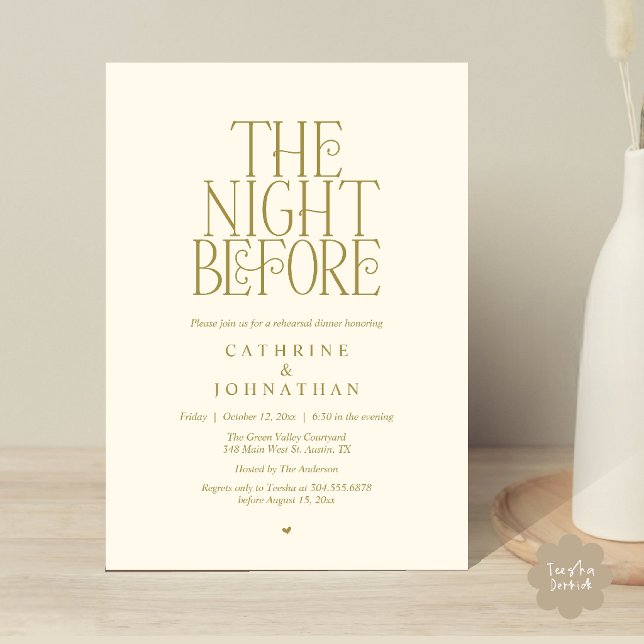 Convites Jantar de Ensaios "The Night Before" em Ouro Amare (Minimalist "The Night Before" Rehearsal Dinner Invitation Card in Yellow Gold)