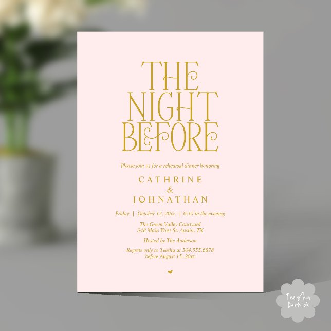 Convites Jantar de Ensaios "The Night Before" em Ouro Amare (Minimalist "The Night Before" Rehearsal Dinner Invitation Card in Blush Yellow Gold)