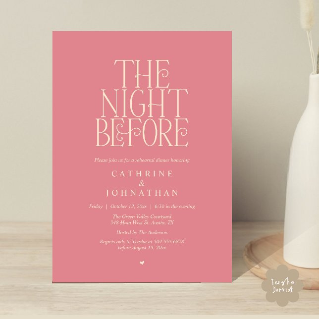 Convites Jantar de Ensaios "The Night Before" Rosa Empoeira (Minimalist "The Night Before" Rehearsal Dinner Invitation Card in Dusty Rose Pink)