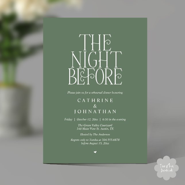 Convites Jantar de Ensaios "The Night Before" Verde Salvia (Minimalist "The Night Before" Rehearsal Dinner Invitation Card in Sage Green)