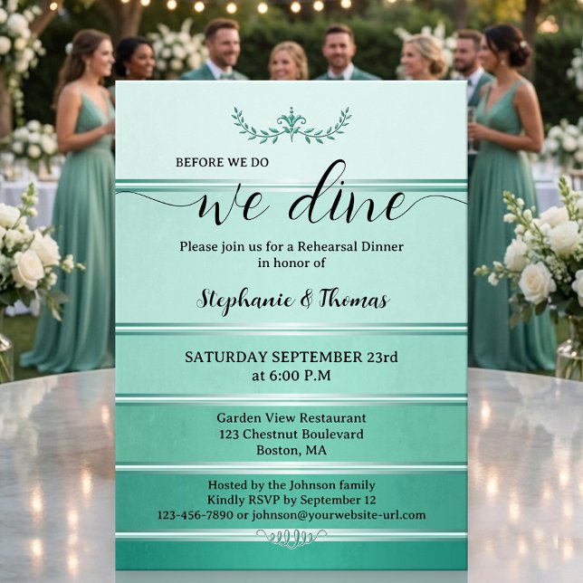 Convites Jantar de Ensaios Tom Verde com Listras Prateadas (Rehearsal dinner invitation featuring a green tone on tone striped design with a silver lining)