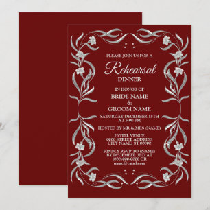 Convites Jantar de Ensaios Vermelho com Padrão Floral Prata
