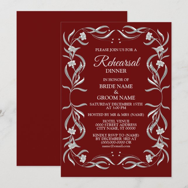 Convites Jantar de Ensaios Vermelho com Padrão Floral Prata (Frente/Verso)