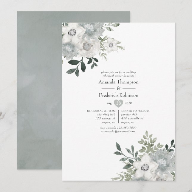 Convites Jantar de Ensaios Watercolor Silver Sage (Frente/Verso)