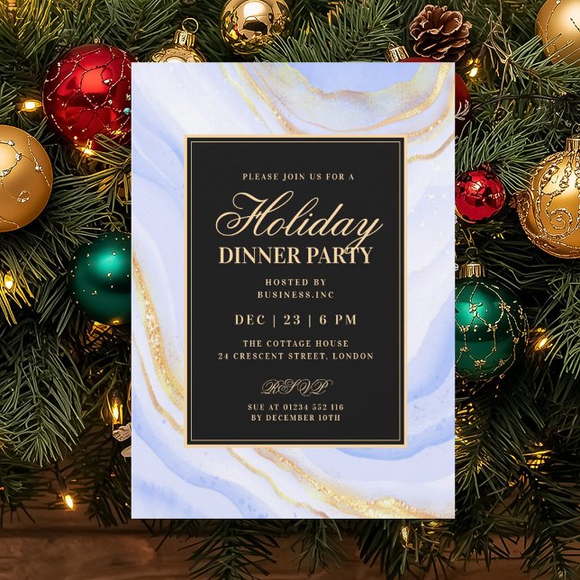 Convites Jantar de Férias em Azul Marinho Formal com Glamou (Formal Navy Blue Glam FAUX Marble Holiday Dinner Invitation)