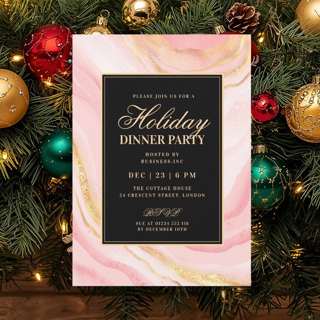 Convites Jantar de Férias em Mármore Falso com Glamour de O (Formal Rose Gold Glam FAUX Marble Holiday Dinner Invitation)