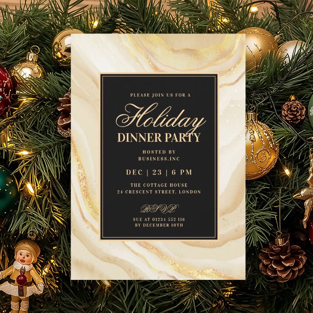 Convites Jantar de Férias em Mármore Falso com Glamour Dour (Formal Gold Glam FAUX Marble Holiday Dinner Invitation)