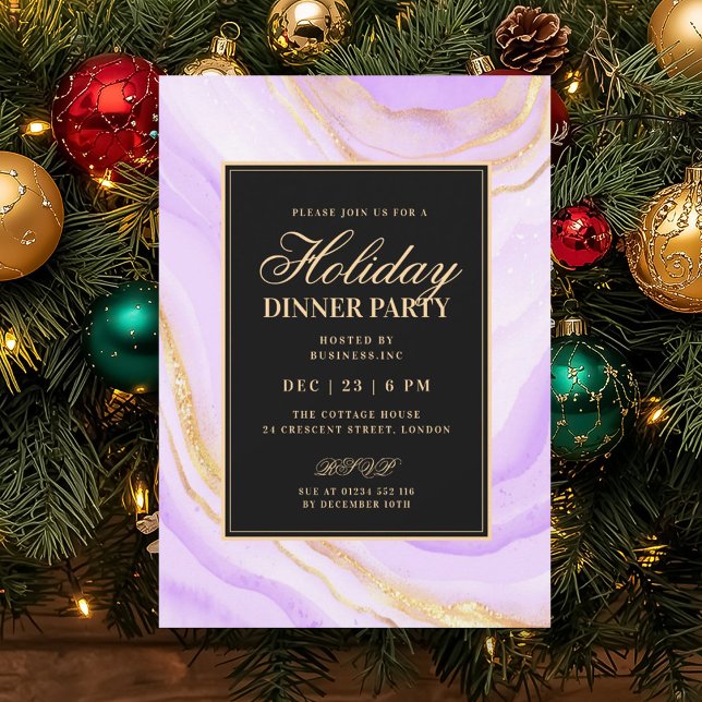 Convites Jantar de Férias em Mármore Falso Glamour Roxo For (Formal Purple Glam FAUX Marble Holiday Dinner Invitation)