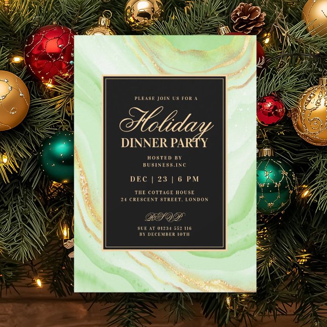 Convites Jantar de Férias em Mármore Falso Verde Glam Forma (Formal Green Glam FAUX Marble Holiday Dinner Invitation)