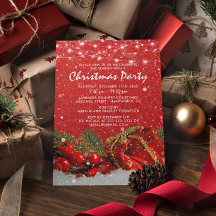 Convites Jantar de Festa de Natal com Brilho Vermelho