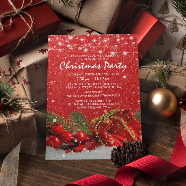 Convites Jantar de Festa de Natal com Brilho Vermelho (Criador carregado)