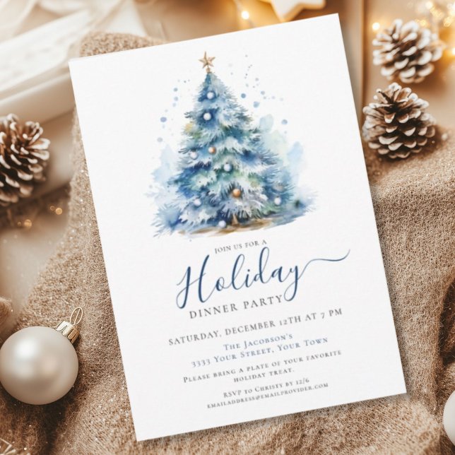 Convites Jantar de Festa Festiva de Natal Azul Dourado (Criador carregado)