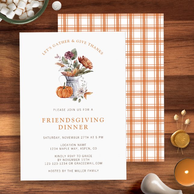 Convites Jantar de Friendsgiving (Chic and stylish Orange White Floral Friendsgiving Dinner invitation by Painted Paperie
)