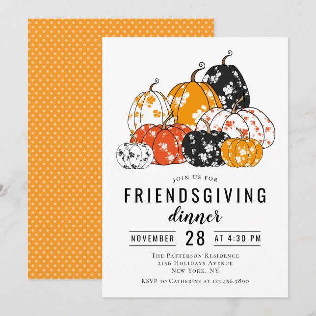 Convites Jantar de Friendsgiving Abóboras Florais Modernas (Frente/Verso)
