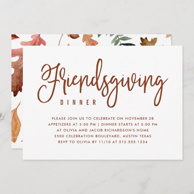 Convites Jantar de Friendsgiving | Branco com Folhas de Out (Frente/Verso)
