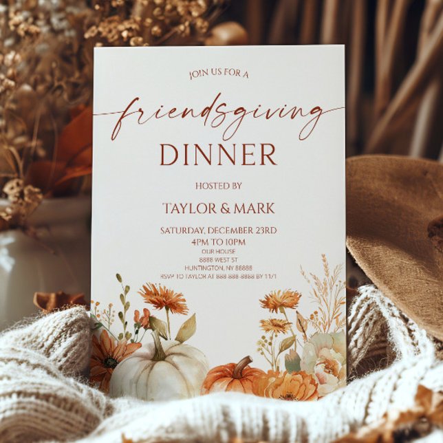 Convites Jantar de Friendsgiving com Abóbora Floral Rústica (Criador carregado)