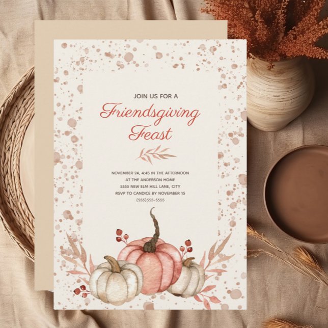 Convites Jantar de Friendsgiving Rústico País Outono   (Rustic orange and white pumpkins watercolor Friendsgiving Dinner Invitation)