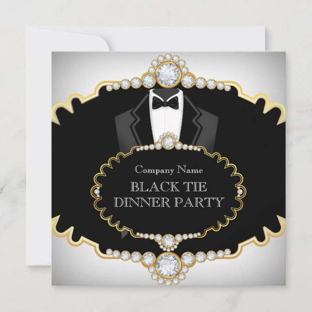 Convites Jantar de Gala Smoking Preto Dourado Branco (Frente)