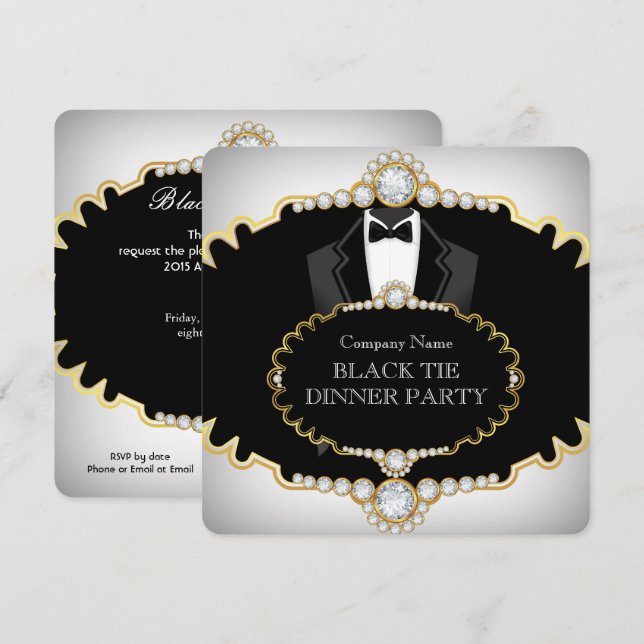 Convites Jantar de Gala Tuxedo Preto Dourado Branco (Frente/Verso)
