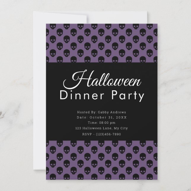 Convites Jantar de Halloween Caveiras Roxas e Pretas (Frente)