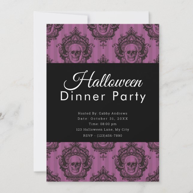 Convites Jantar de Halloween com Caveiras Roxas e Pretas (Frente)
