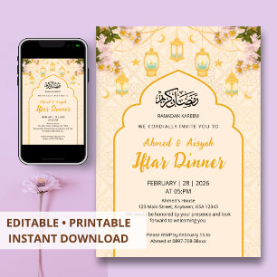 Convites Jantar de Iftar Arco Dourado com Lanterna Floral B