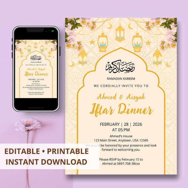 Convites Jantar de Iftar Arco Dourado com Lanterna Floral B (Criador carregado)