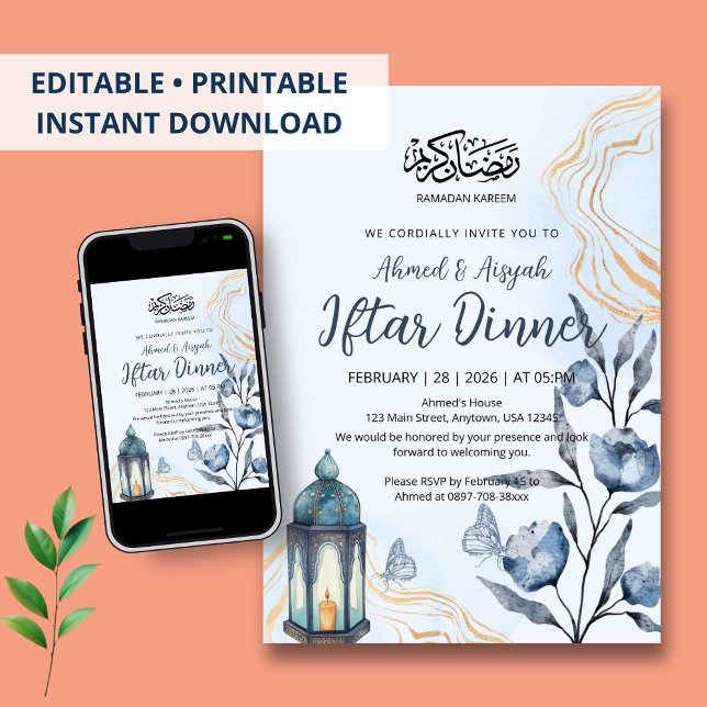Convites Jantar de Iftar Azul Floral em Aquarela Moderna &  (Criador carregado)
