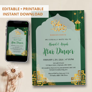 Convites Jantar de Iftar com Aquarela Verde Escuro Elegante