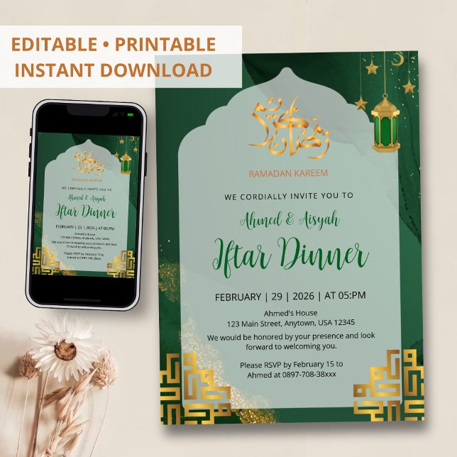 Convites Jantar de Iftar com Aquarela Verde Escuro Elegante (Criador carregado)