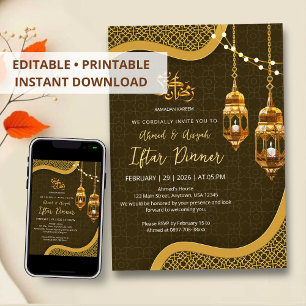 Convites Jantar de Iftar com Lanterna Marrom e Dourada Eleg