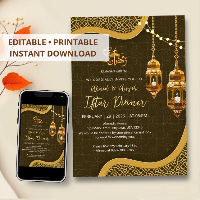 Convites Jantar de Iftar com Lanterna Marrom e Dourada Eleg (Criador carregado)