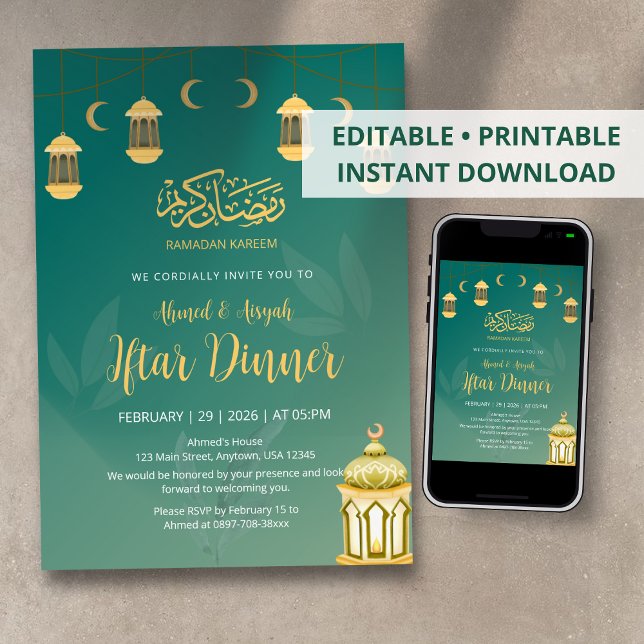 Convites Jantar de Iftar com Lanterna Verde e Dourada Elega (Criador carregado)