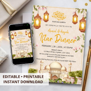 Convites Jantar de Iftar com Mesquita e Lanternas em Aquare