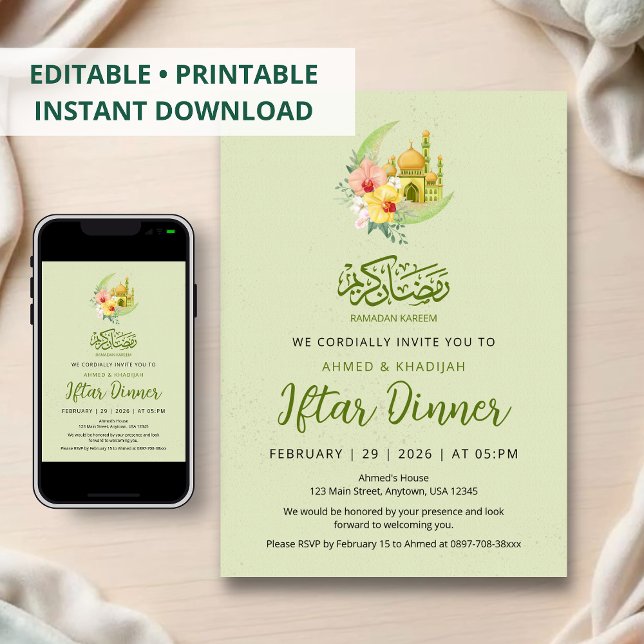 Convites Jantar de Iftar da Lua Floral Elegante e Mesquita  (Criador carregado)
