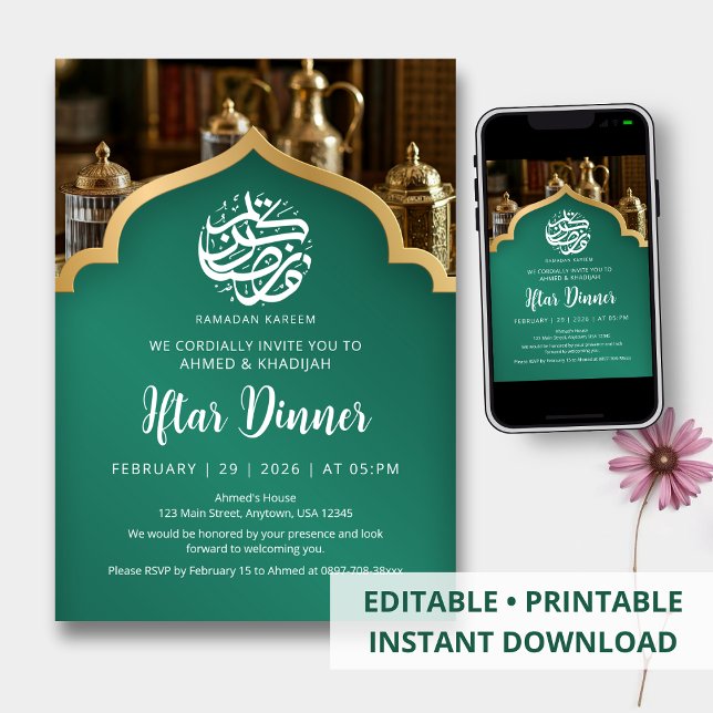Convites Jantar de Iftar de Ramadan Elegante Arco Verde Dou (Criador carregado)